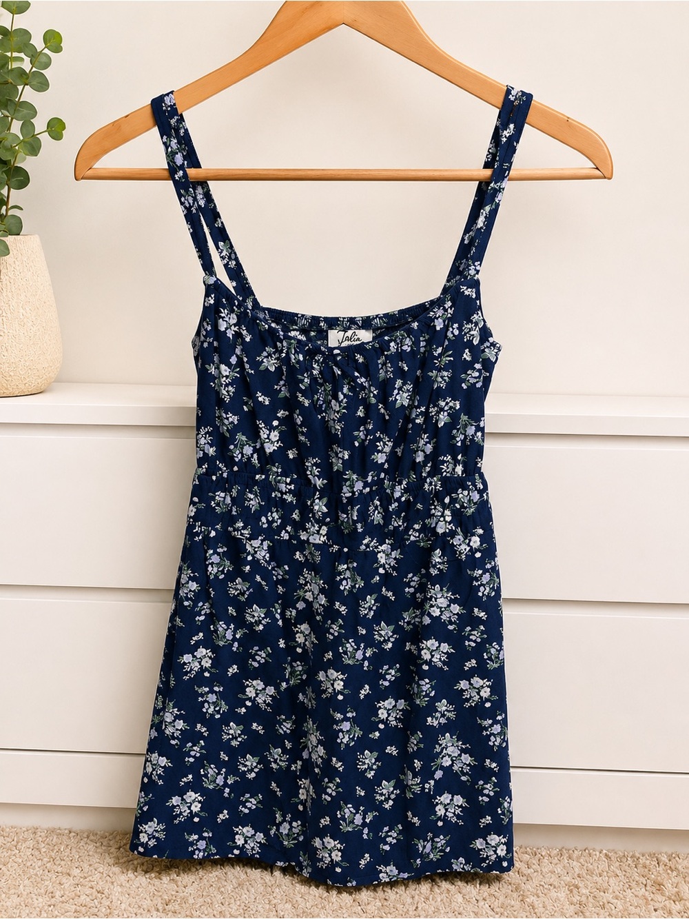 Jolie Navy Blue Floral Cami Dress with White Blossoms